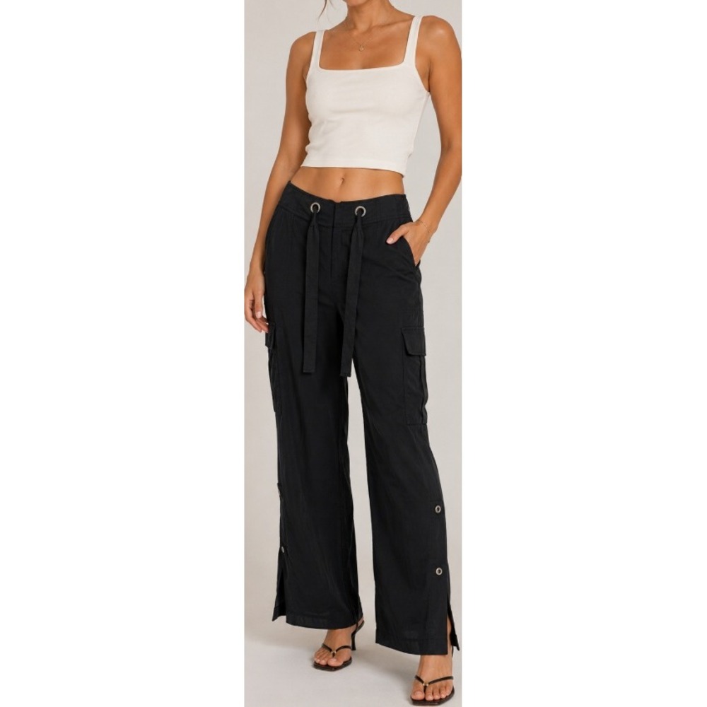 GO SILK Cargo Pants Black Silk High-Rise Adjustable Hem Drawstring Pull-On Black